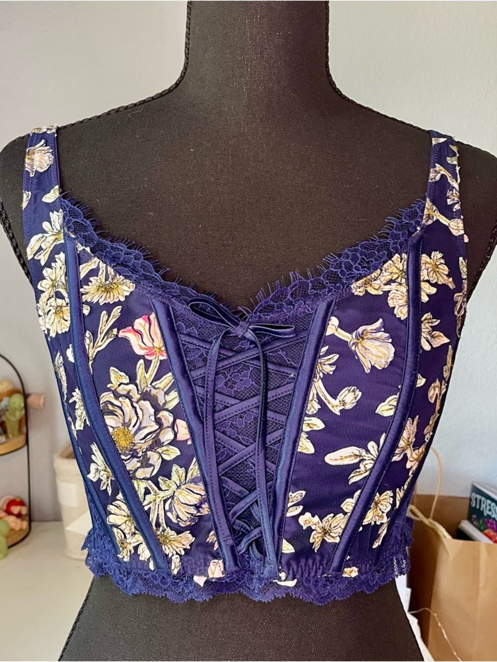 Pink Victoria's Secret Navy Floral Lace-Up Bustier Corset Top Size XXS/XS